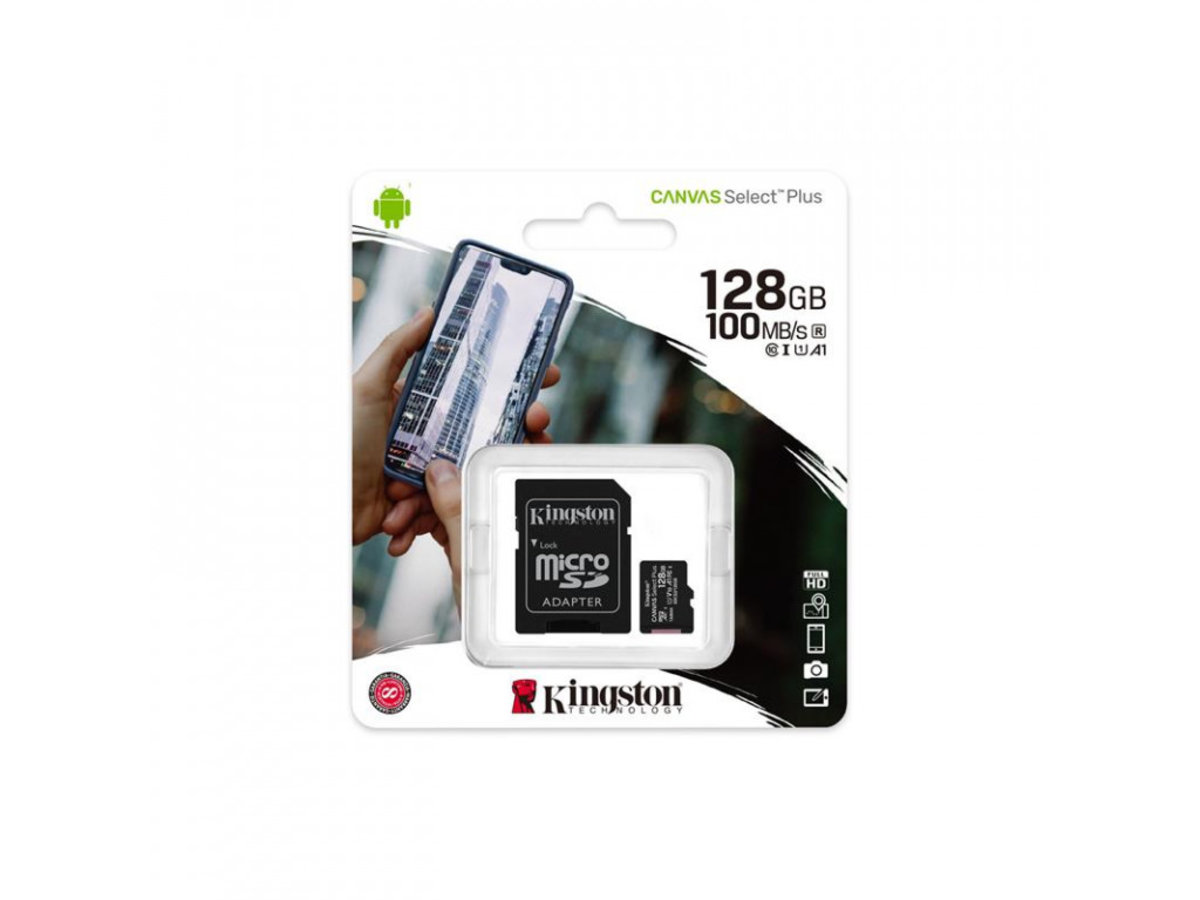Карта памяті microSDXC (UHS-1) Kingston Canvas Select Plus 128Gb class 10 А1 (R-100MB/s) (adapter SD) (SDCS2/128GB) Фото 1 Карта памяті microSDXC (UHS-1) Kingston Canvas Select Plus 128Gb class 10 А1 (R-100MB/s) (adapter SD) (SDCS2/128GB) на картинке №1