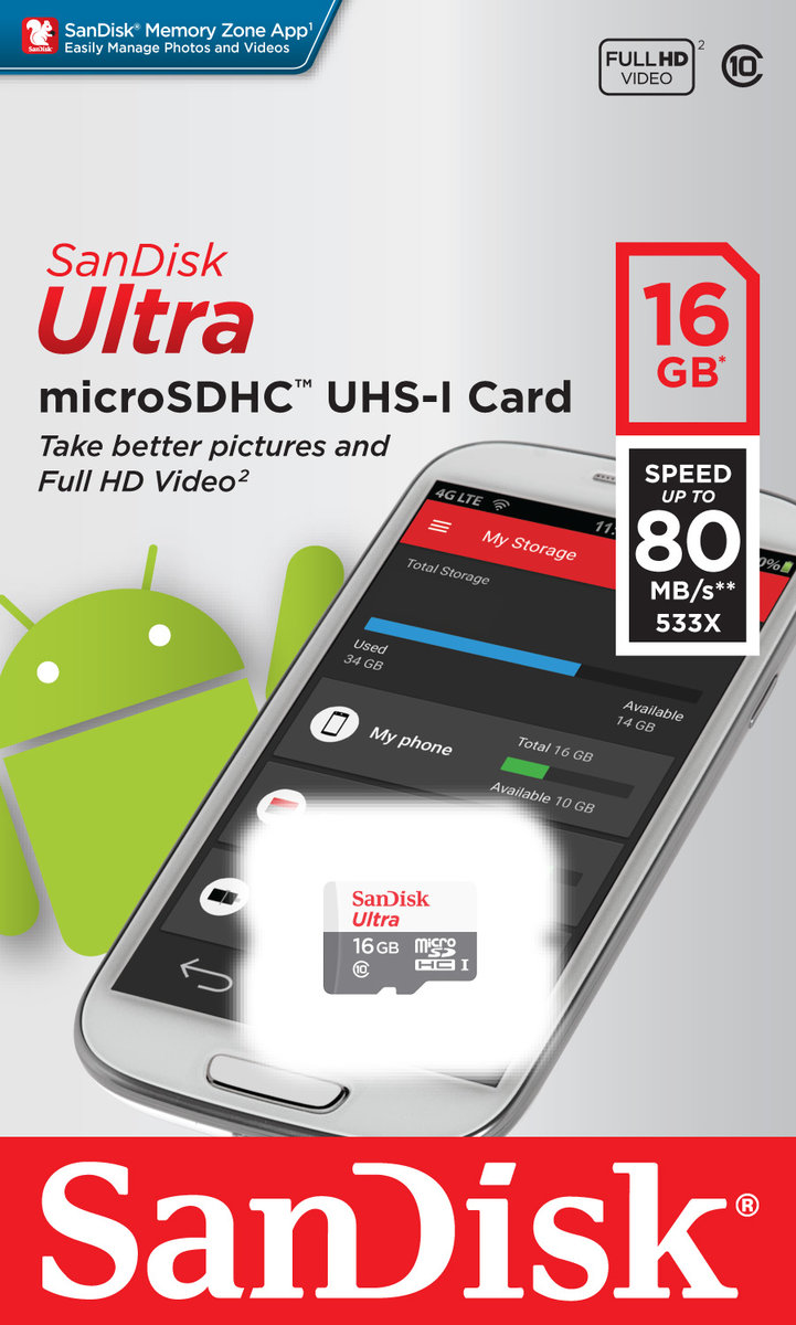 microSDHC (UHS-1) SanDisk Ultra 16Gb class 10 (80Mb/s) Фото 2 microSDHC (UHS-1) SanDisk Ultra 16Gb class 10 (80Mb/s) на картинке №2