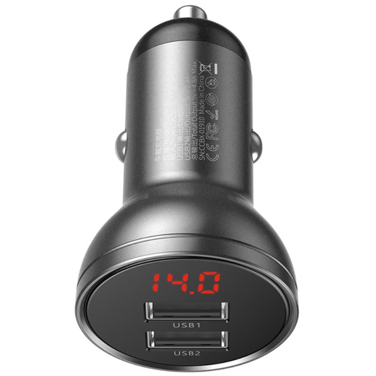 Автомобільний зарядний пристрій Baseus Digital Display Dual USB 4.8A Car Charger 24W Grey (CCBX-0G) на картинке №3