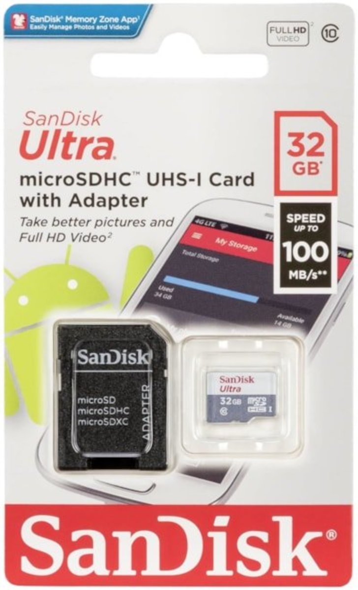 microSDHC (UHS-1) SanDisk Ultra 32Gb class 10 A1 (100Mb/s) (adapter SD) (SDSQUNR-032G-GN3MA) Зображення №2 microSDHC (UHS-1) SanDisk Ultra 32Gb class 10 A1 (100Mb/s) (adapter SD) (SDSQUNR-032G-GN3MA) дивитися фото №2
