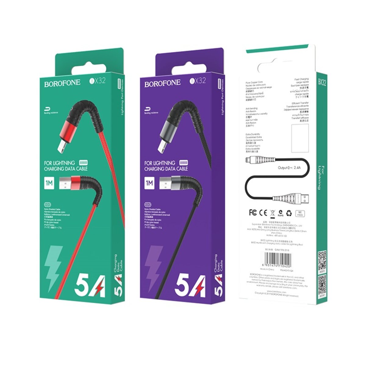 Кабель BOROFONE BX32 USB to iP 2.4A, 1m, nylon, aluminum+TPE connectors, Black (BX32LB) Фотографія №5 Кабель BOROFONE BX32 USB to iP 2.4A, 1m, nylon, aluminum+TPE connectors, Black (BX32LB) на малюнкі №5