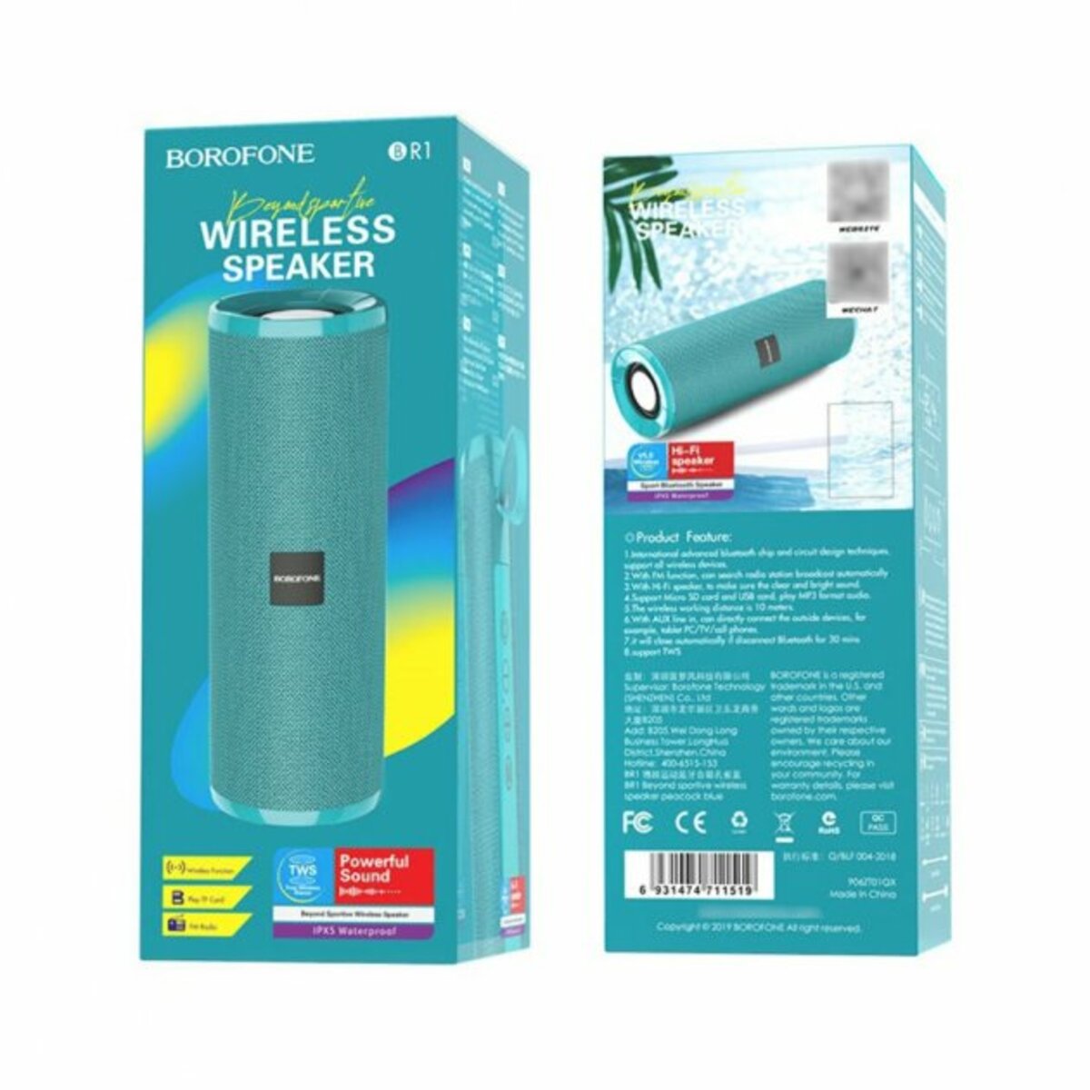 Портативна колонка BOROFONE BR1 Beyond sportive wireless speaker Peacock Blue (BR1PU) на картинке №2