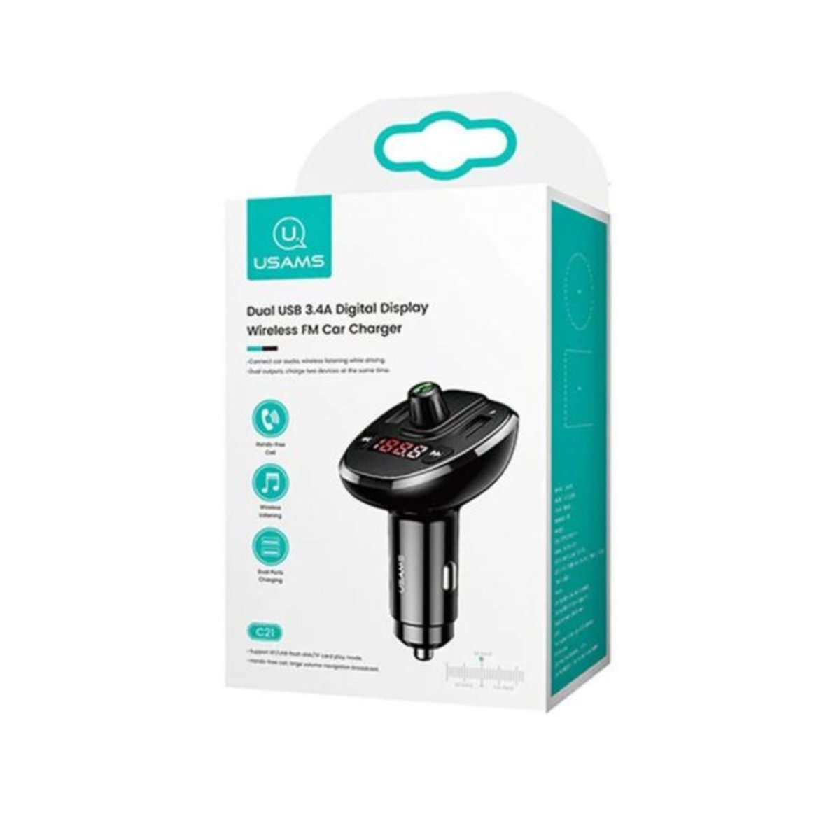 АЗП з FM-модулятором Usams US-CC115 C21 Dual USB 3.4A Digital Display Wireless FM Car Charger Black (6958444925387) на картинке №2