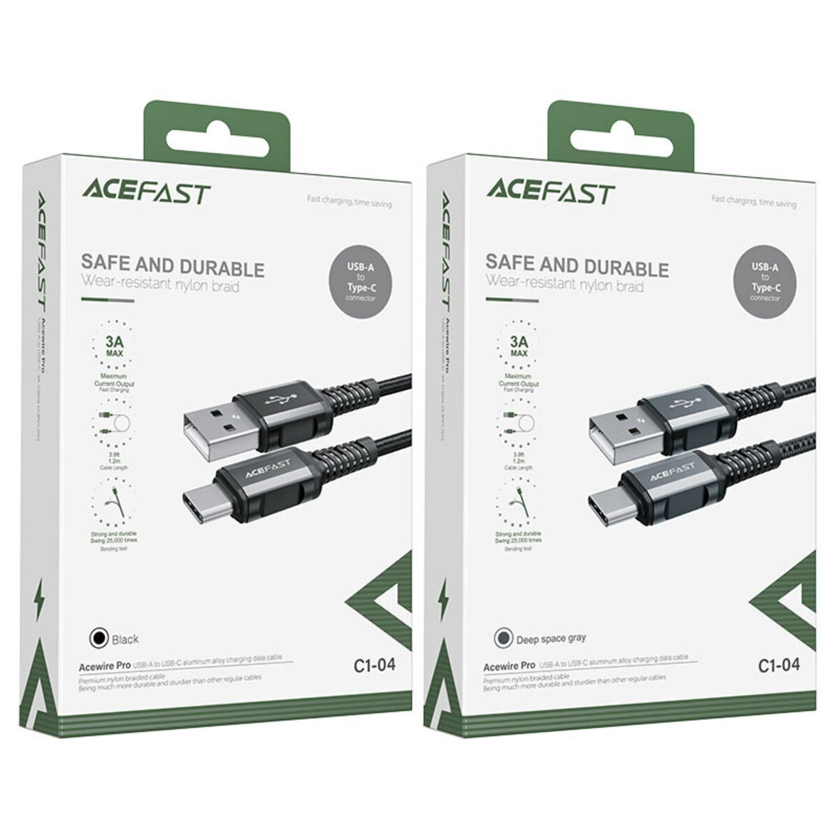 Кабель ACEFAST C1-04 USB to Type-C 3A, 1.2m, nylon aluminum connectors, Black (AFC1-04B) Фотографія №4 Кабель ACEFAST C1-04 USB to Type-C 3A, 1.2m, nylon aluminum connectors, Black (AFC1-04B) на малюнкі №4