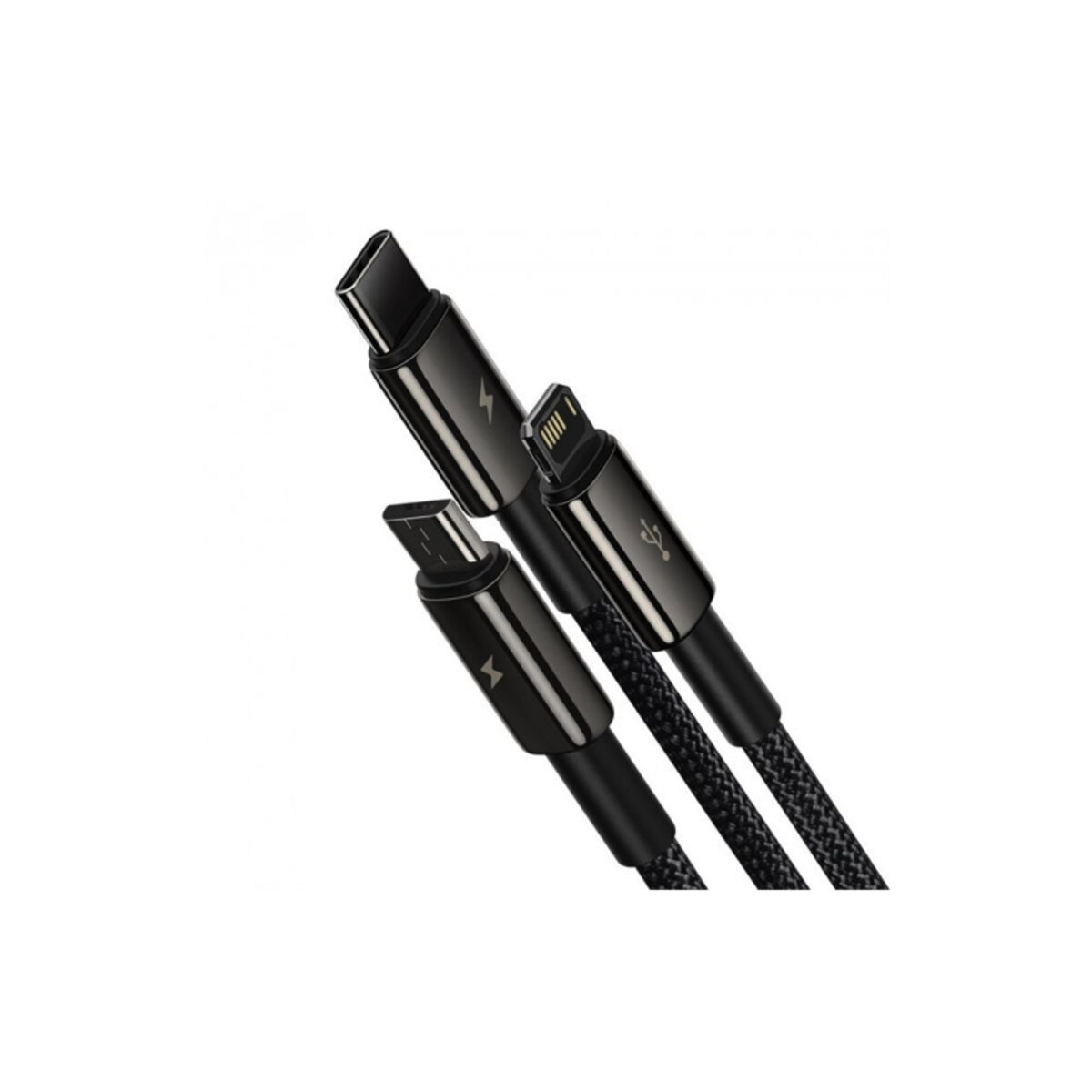 Кабель Baseus Tungsten Gold One-for-three Fast Charging Data Cable USB to M+L+C 3.5A 1.5m Black на малюнкі №3