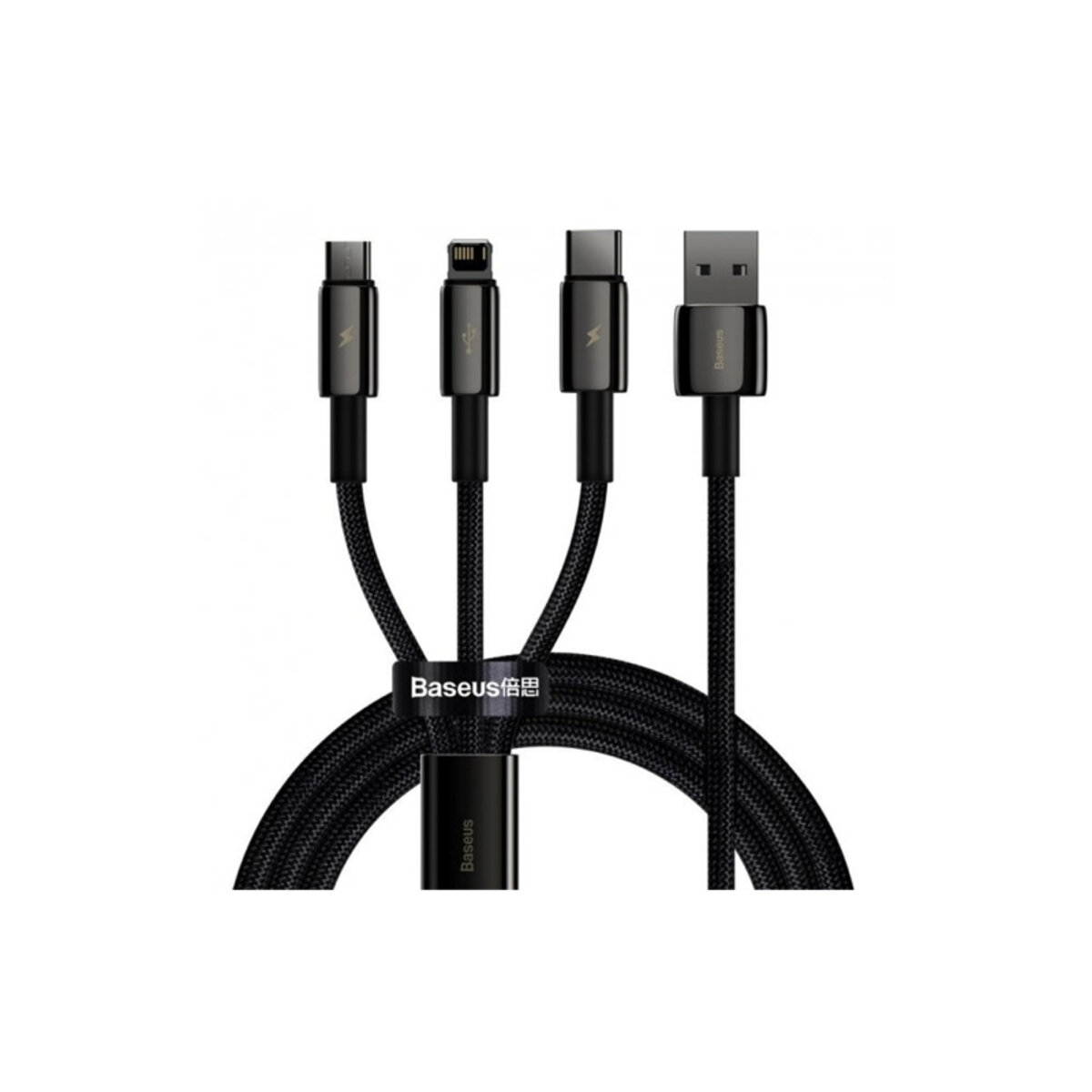 Кабель Baseus Tungsten Gold One-for-three Fast Charging Data Cable USB to M+L+C 3.5A 1.5m Black на малюнкі №1
