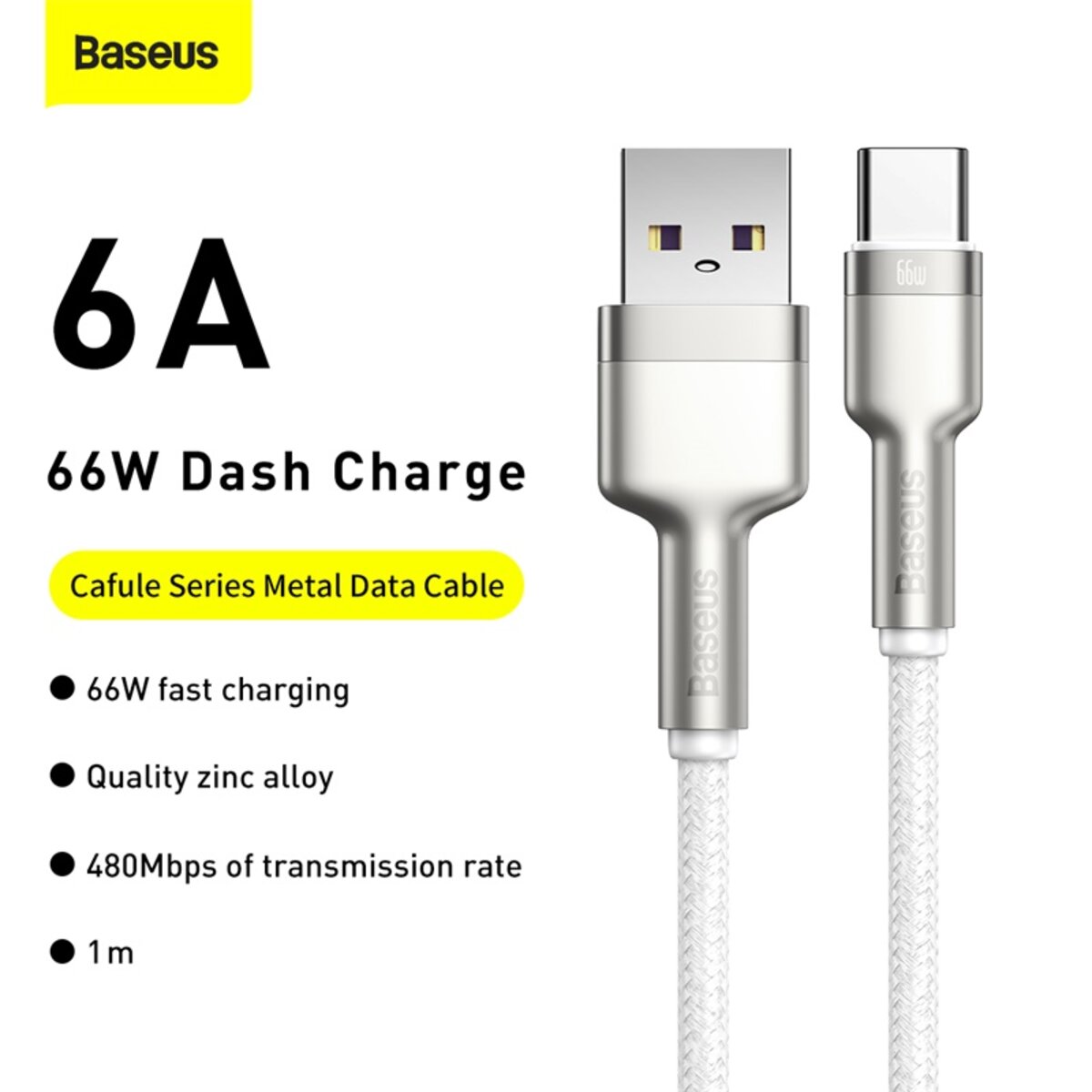 Кабель Baseus Cafule Series Metal Data Cable USB to Type-C 66W 1m White Фотографія №7 Кабель Baseus Cafule Series Metal Data Cable USB to Type-C 66W 1m White на малюнкі №7