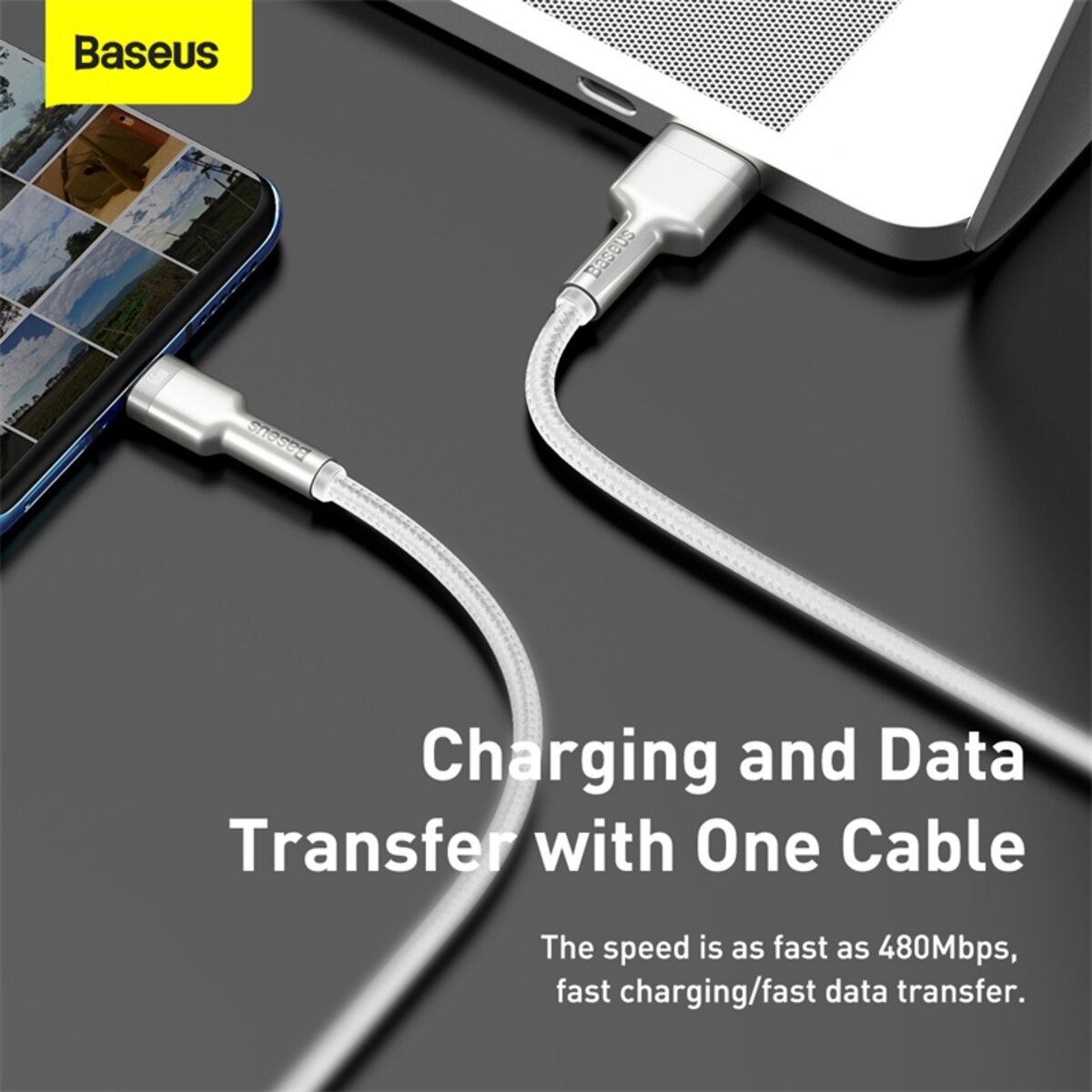 Кабель Baseus Cafule Series Metal Data Cable USB to Type-C 66W 1m White Фотографія №8 Кабель Baseus Cafule Series Metal Data Cable USB to Type-C 66W 1m White на малюнкі №8