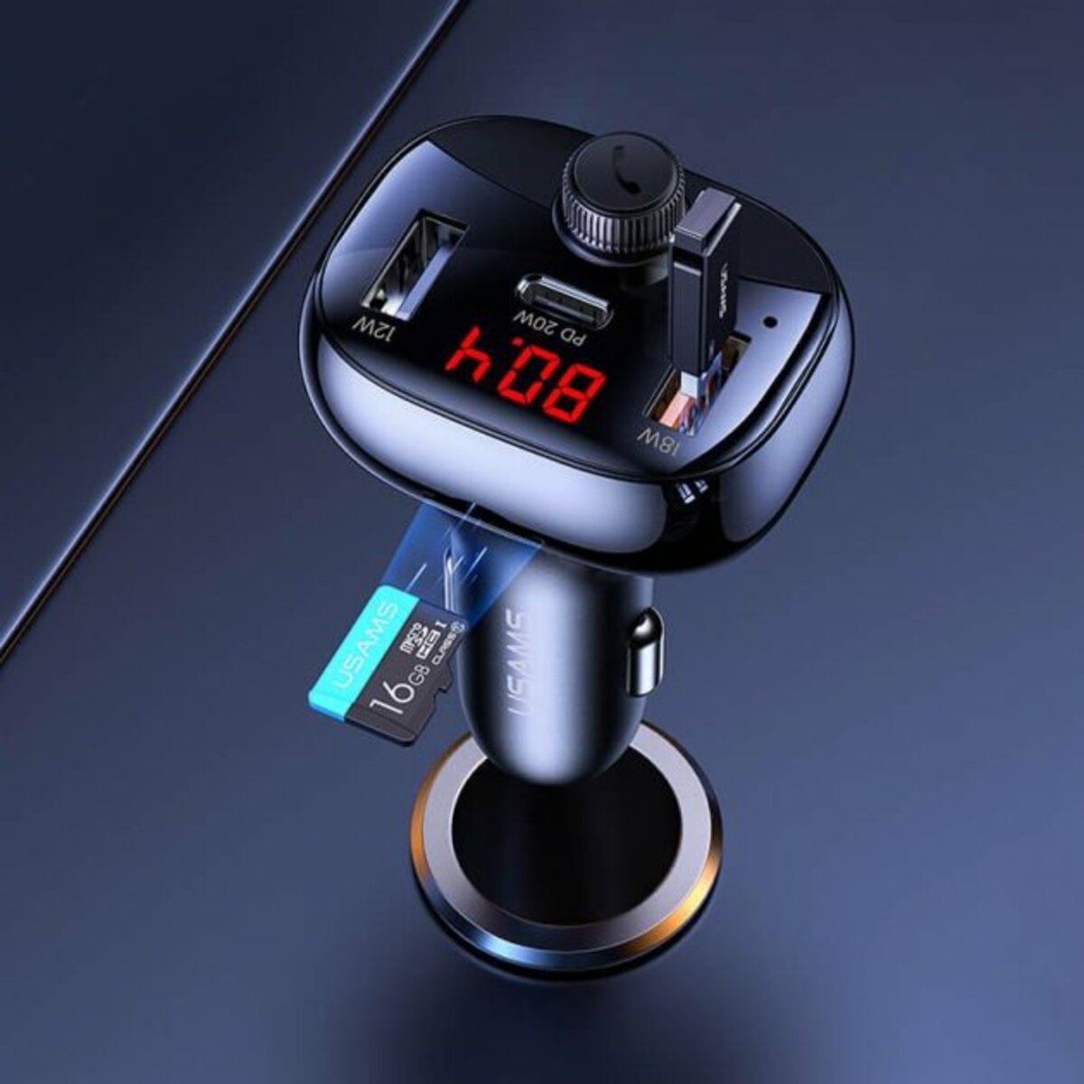 АЗП Usams US-CC143 C25 50W 2A+C 3 Ports Digital Display Wireless FM Car Charger Black (CC143TC01) смотреть фото №4