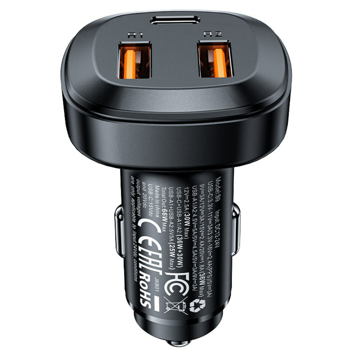 Автомобільний зарядний пристрій ACEFAST B9 66W(2USB-A+USB-C) three port metal car charger на малюнкі №4