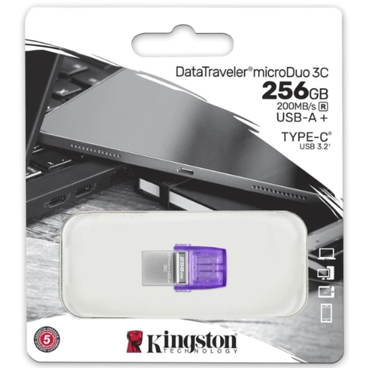 Флеш-накопичувач Kingston USB 3.2 DT microDuo 3C 256GB (Type-A/Type-C) (200Mb/s) (DTDUO3CG3/256GB) на картинке №2