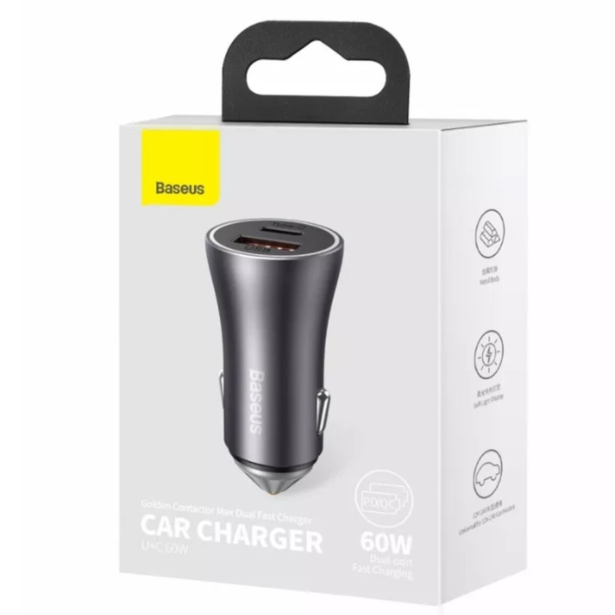 Автомобільний зарядний пристрій Baseus Golden Contactor Max Dual Fast Charger Car Charger U+C 60W Dark Gray на картинке №2