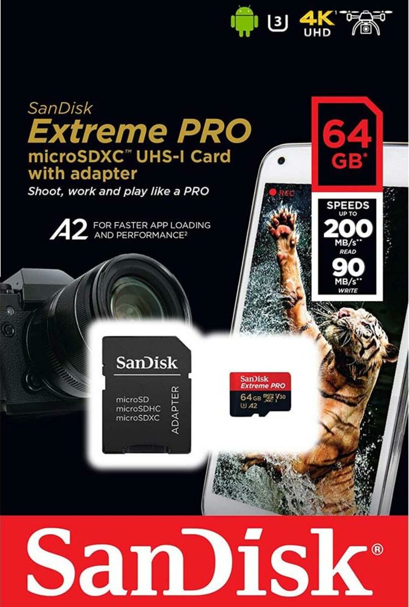 Карта памяті microSDXC (UHS-1 U3) SanDisk Extreme Pro A2 64Gb class 10 V30 (R200MB/s,W90MB/s) (adapter) (SDSQXCU-064G-GN6MA) Фото 2 Карта памяті microSDXC (UHS-1 U3) SanDisk Extreme Pro A2 64Gb class 10 V30 (R200MB/s,W90MB/s) (adapter) (SDSQXCU-064G-GN6MA) на картинке №2