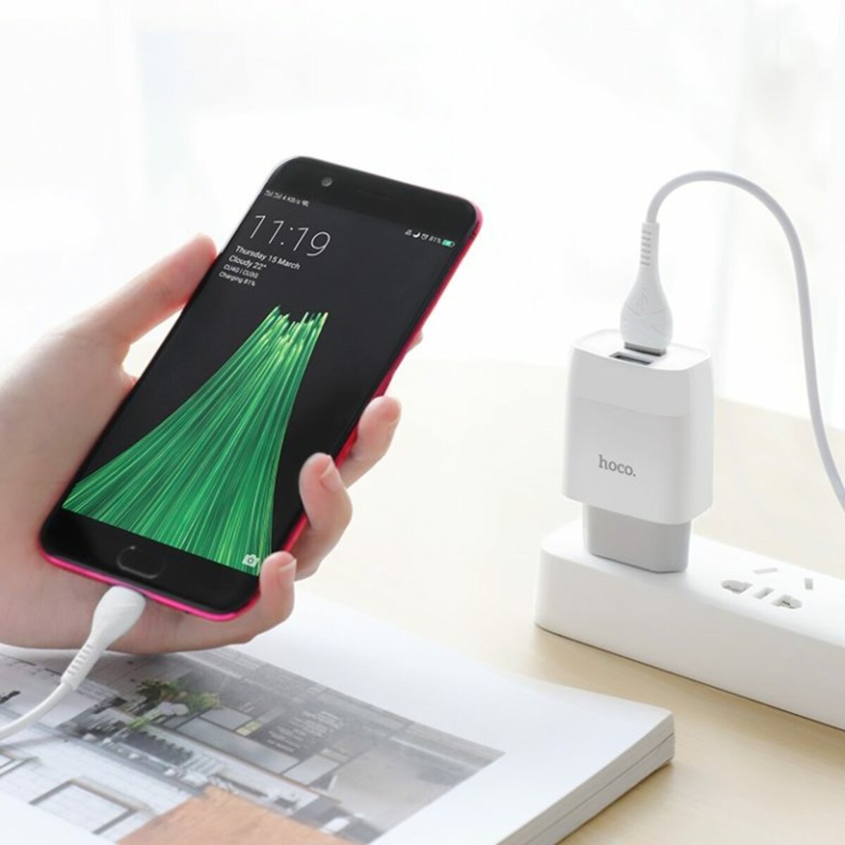 Мережевий зарядний пристрій HOCO C73A Glorious dual port charger set(Micro) 12W White на картинке №6
