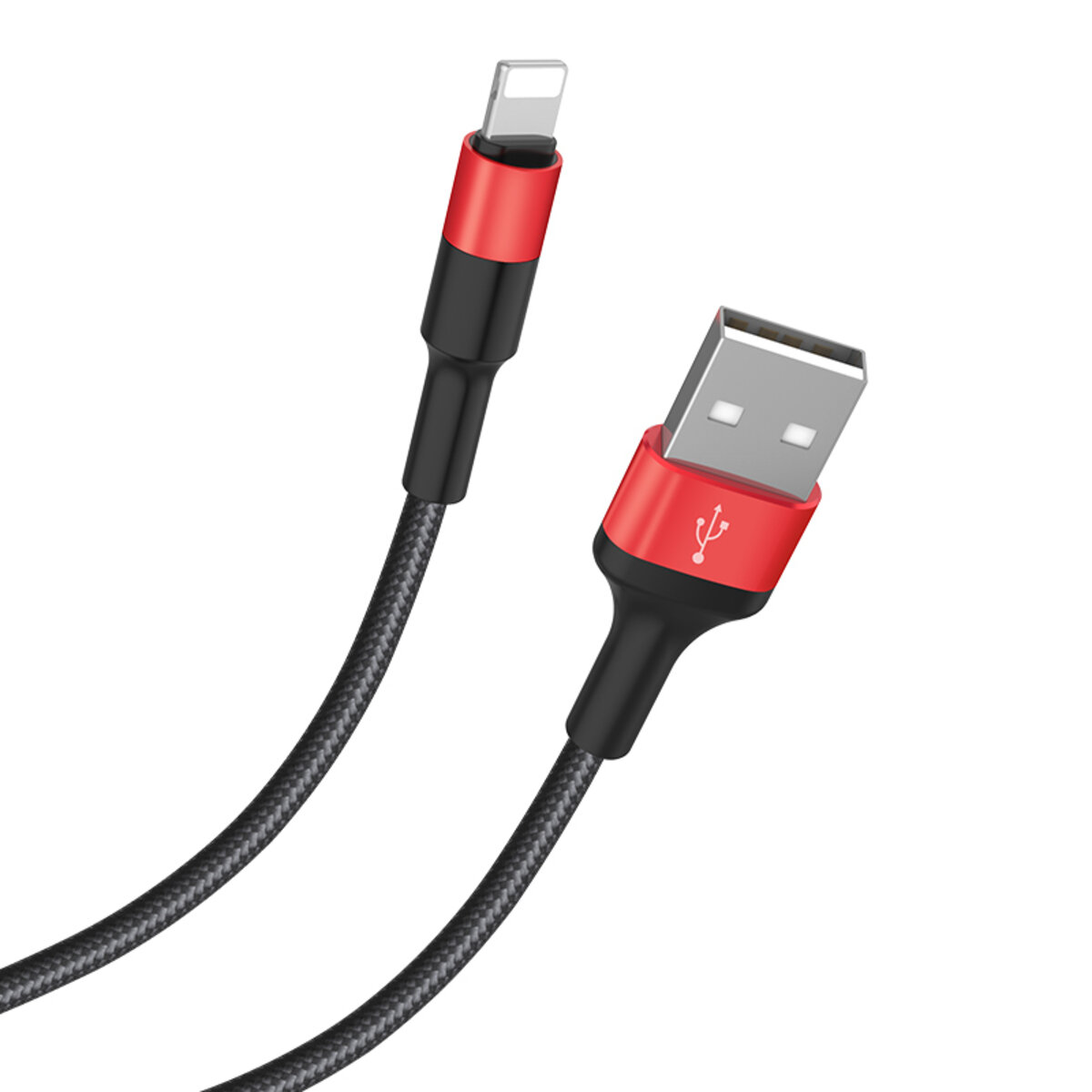 Кабель HOCO X26 USB to iP 2A, 18W 1m, nylon,  aluminum connectors, Black+Red на малюнкі №3