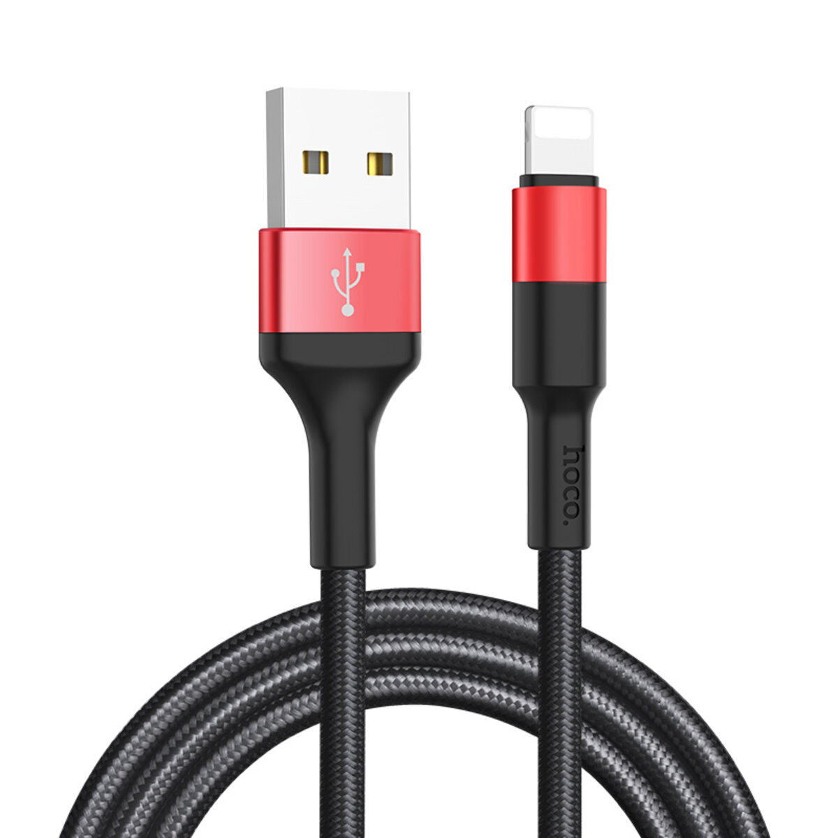 Кабель HOCO X26 USB to iP 2A, 18W 1m, nylon,  aluminum connectors, Black+Red на малюнкі №1