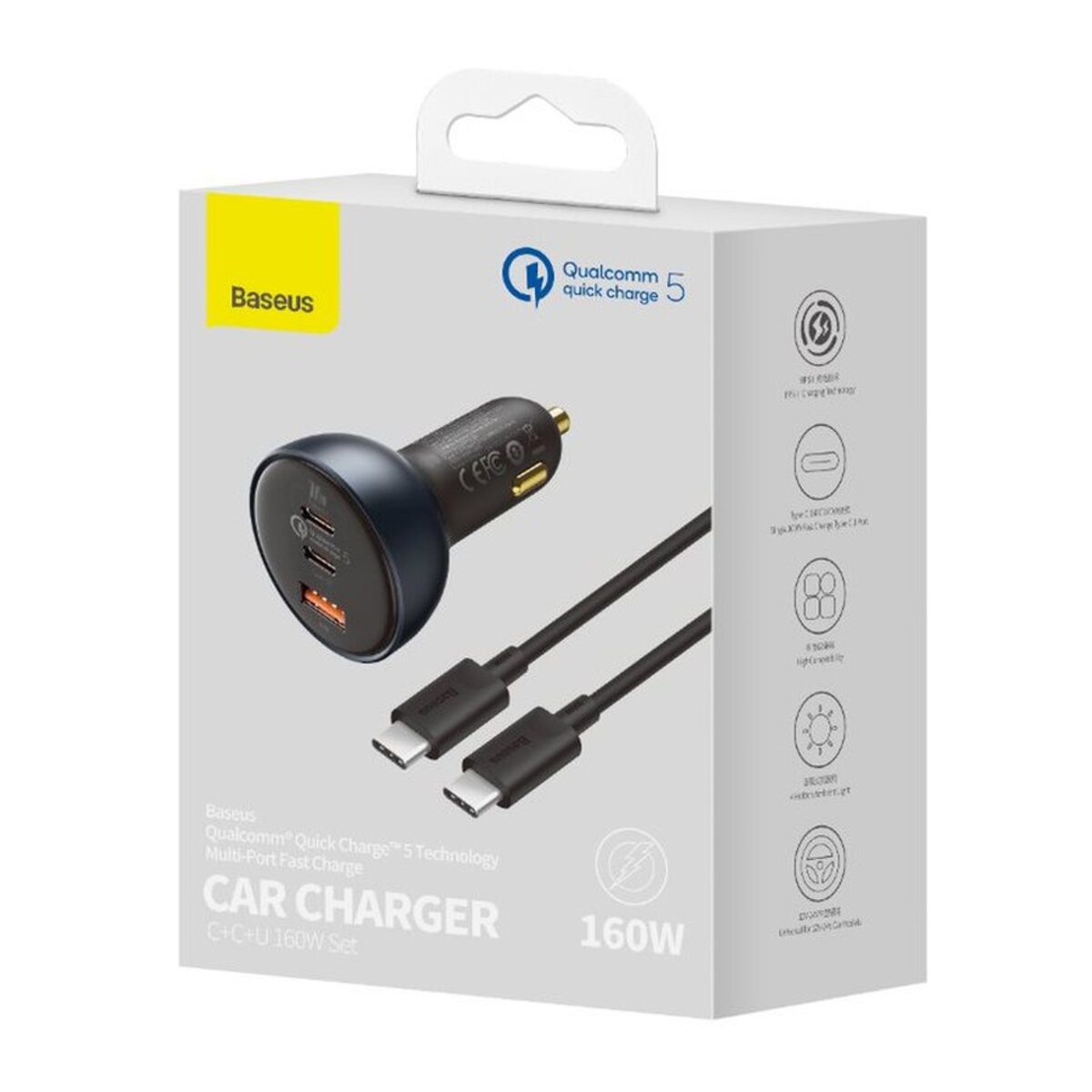 Автомобільний зарядний пристрій Baseus Qualcomm Quick Charge 5 Technology Multi-Port Fast Charge Car Charger C+C+U 160W set Gray на картинке №2