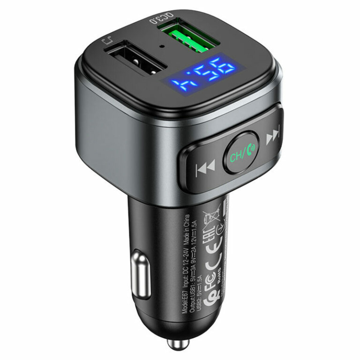 АЗП з FM-модулятором HOCO E67 Fighter QC3.0 18W car BT FM transmitter Black (6931474762122) на картинке №1