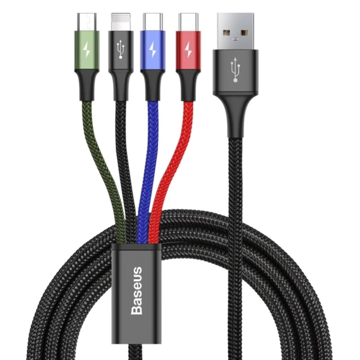 Кабель Baseus Fast 4-in-1 Cable For iP+Type-C(2)+Micro 3.5A 1.2m Black на малюнкі №1