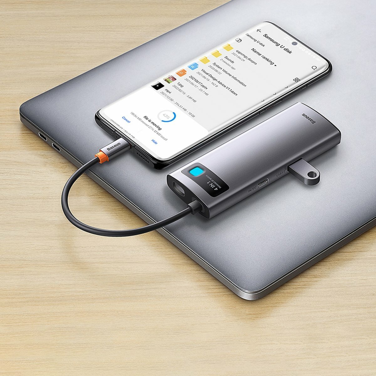 USB-хаб Baseus Metal Gleam Series 4-in-1 Multifunctional Type-C HUB Docking Station Gray (Type-C to USB3.0*3+RJ45*1) Фотографія №6 USB-хаб Baseus Metal Gleam Series 4-in-1 Multifunctional Type-C HUB Docking Station Gray (Type-C to USB3.0*3+RJ45*1) на малюнкі №6