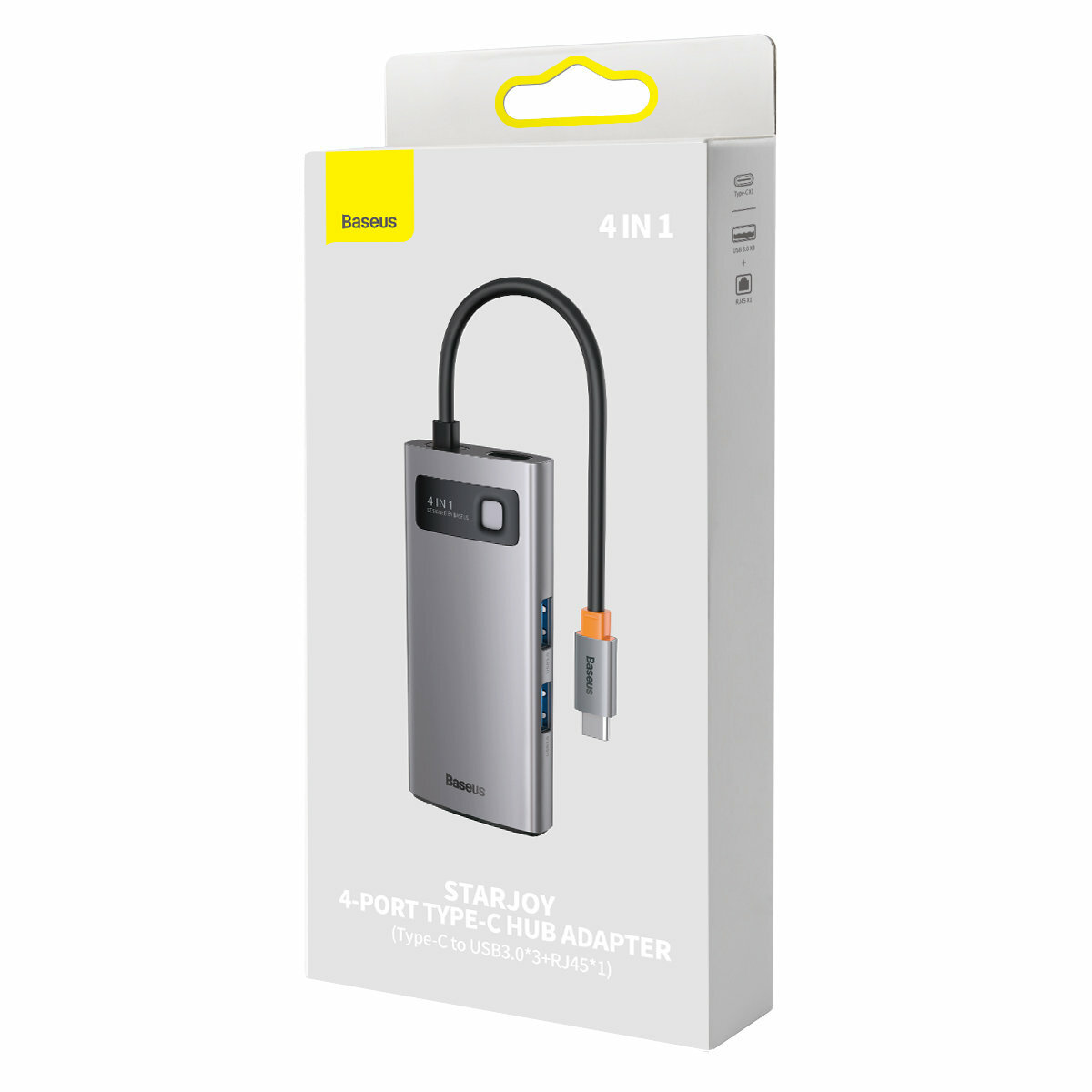 USB-хаб Baseus Metal Gleam Series 4-in-1 Multifunctional Type-C HUB Docking Station Gray (Type-C to USB3.0*3+RJ45*1) Фотографія №8 USB-хаб Baseus Metal Gleam Series 4-in-1 Multifunctional Type-C HUB Docking Station Gray (Type-C to USB3.0*3+RJ45*1) на малюнкі №8