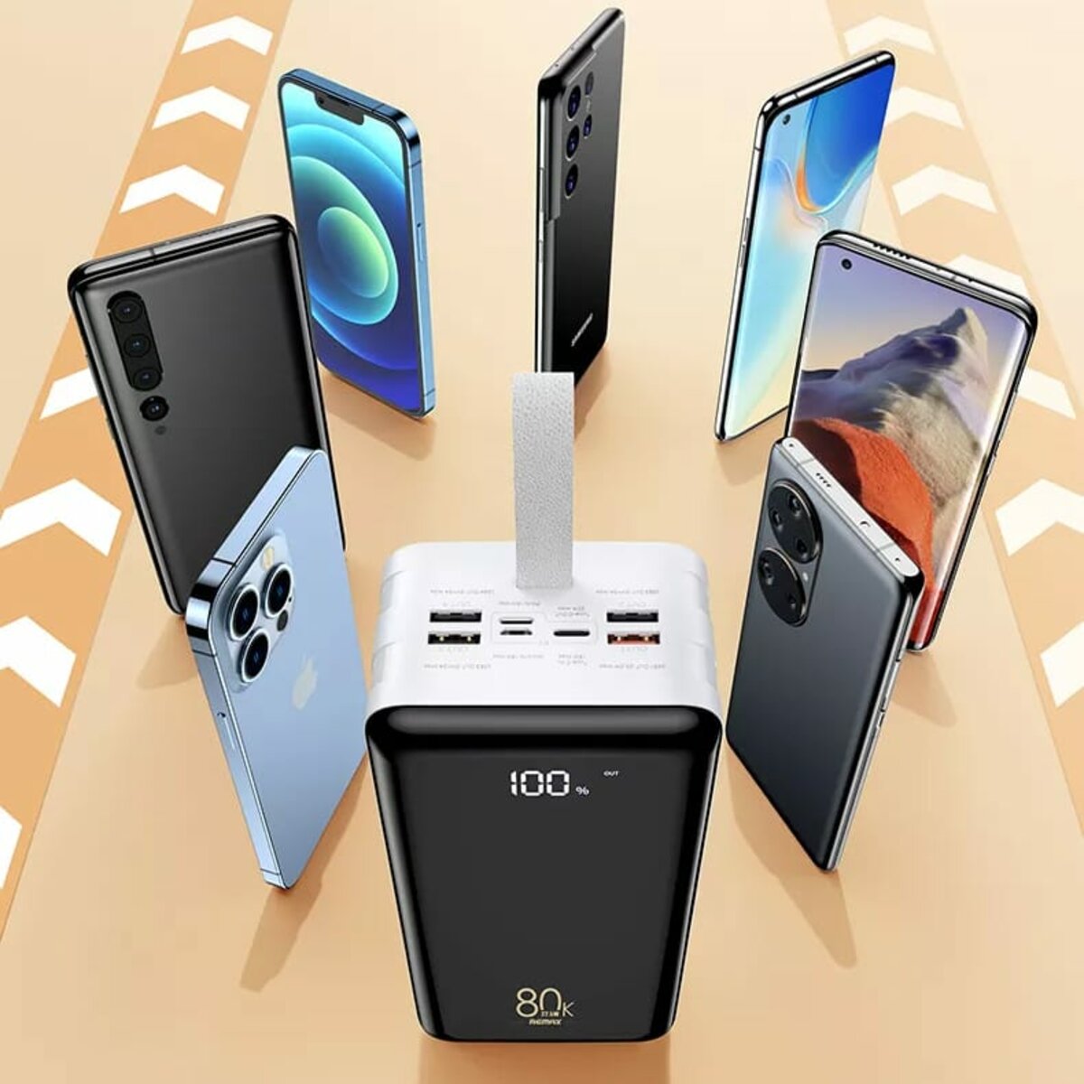 Зовнішній акумулятор REMAX Chinen Series 22.5W  PD+QC  Multi-compatible Fast Charging Power Bank with LED Light  80000mAh RPP-291 White на малюнкі №5