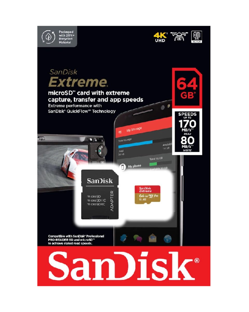 Карта памяті microSDXC (UHS-1 U3) SanDisk Extreme A2 64Gb class 10 V30 (R170MB/s,W80MB/s) (adapter SD) (SDSQXAH-064G-GN6MA) Фото 3 Карта памяті microSDXC (UHS-1 U3) SanDisk Extreme A2 64Gb class 10 V30 (R170MB/s,W80MB/s) (adapter SD) (SDSQXAH-064G-GN6MA) на картинке №3