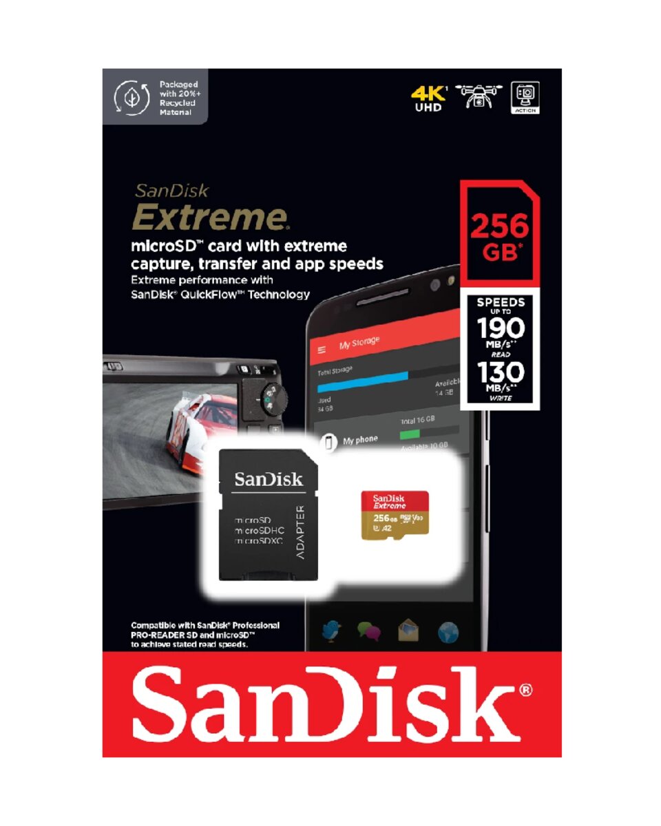 microSDXC (UHS-1 U3) SanDisk Extreme A2 256Gb class 10 V30 (R190MB/s,W130MB/s) (adapter SD) (SDSQXAV-256G-GN6MA) смотреть фото №3