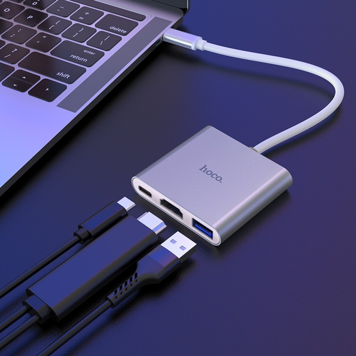 USB-хаб HOCO HB14 Easy use Type-C adapter(Type-C to USB3.0+HDMI+PD) Silver Фотографія №8 USB-хаб HOCO HB14 Easy use Type-C adapter(Type-C to USB3.0+HDMI+PD) Silver на малюнкі №8