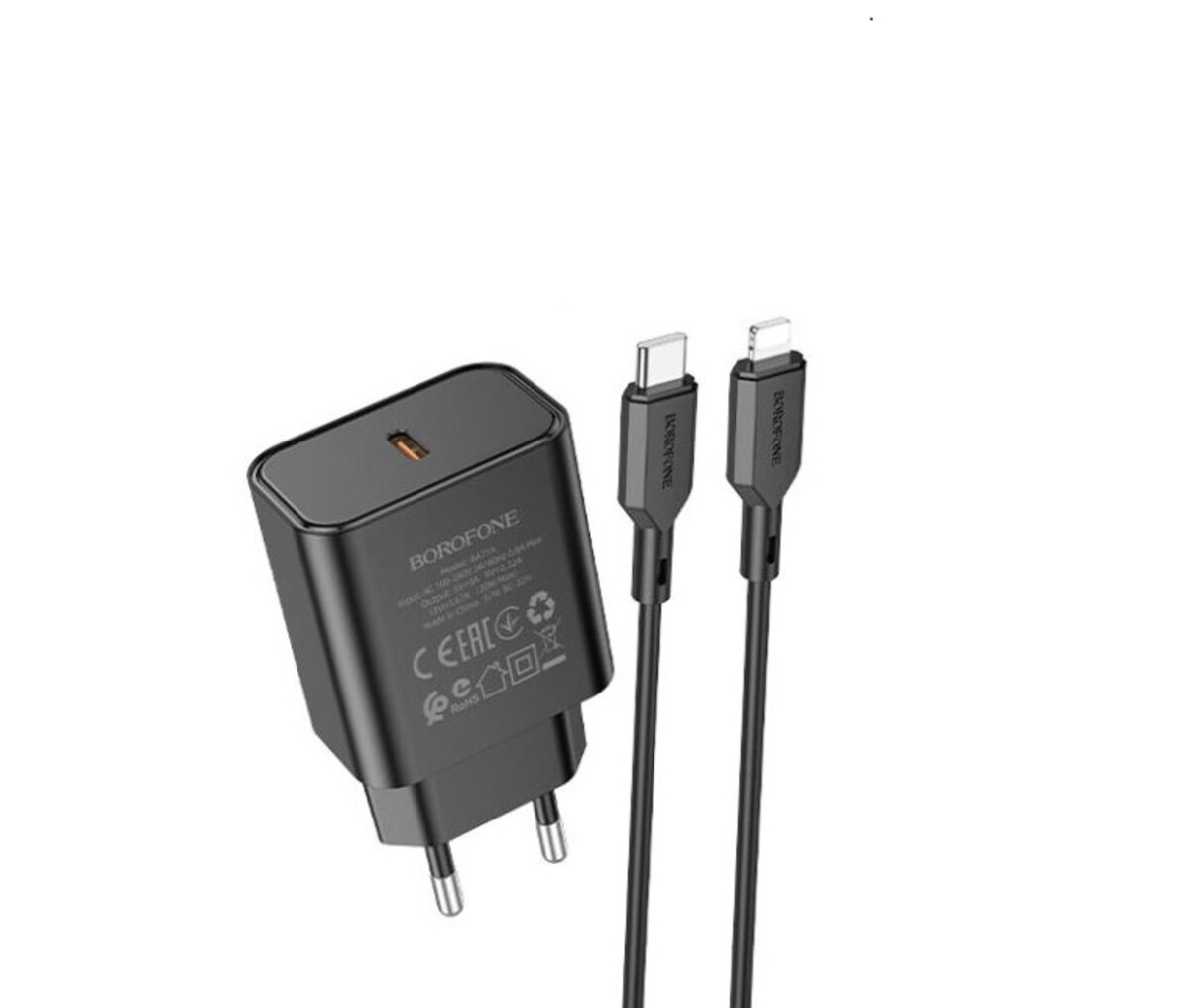 Мережевий зарядний пристрій BOROFONE BA71A Power single Port PD20W charger set(C to iP) Black Фотографія №1 Мережевий зарядний пристрій BOROFONE BA71A Power single Port PD20W charger set(C to iP) Black на малюнкі №1
