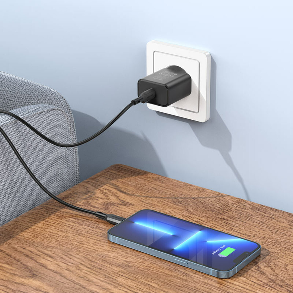 Мережевий зарядний пристрій BOROFONE BA71A Power single Port PD20W charger set(C to iP) Black Фотографія №4 Мережевий зарядний пристрій BOROFONE BA71A Power single Port PD20W charger set(C to iP) Black на малюнкі №4