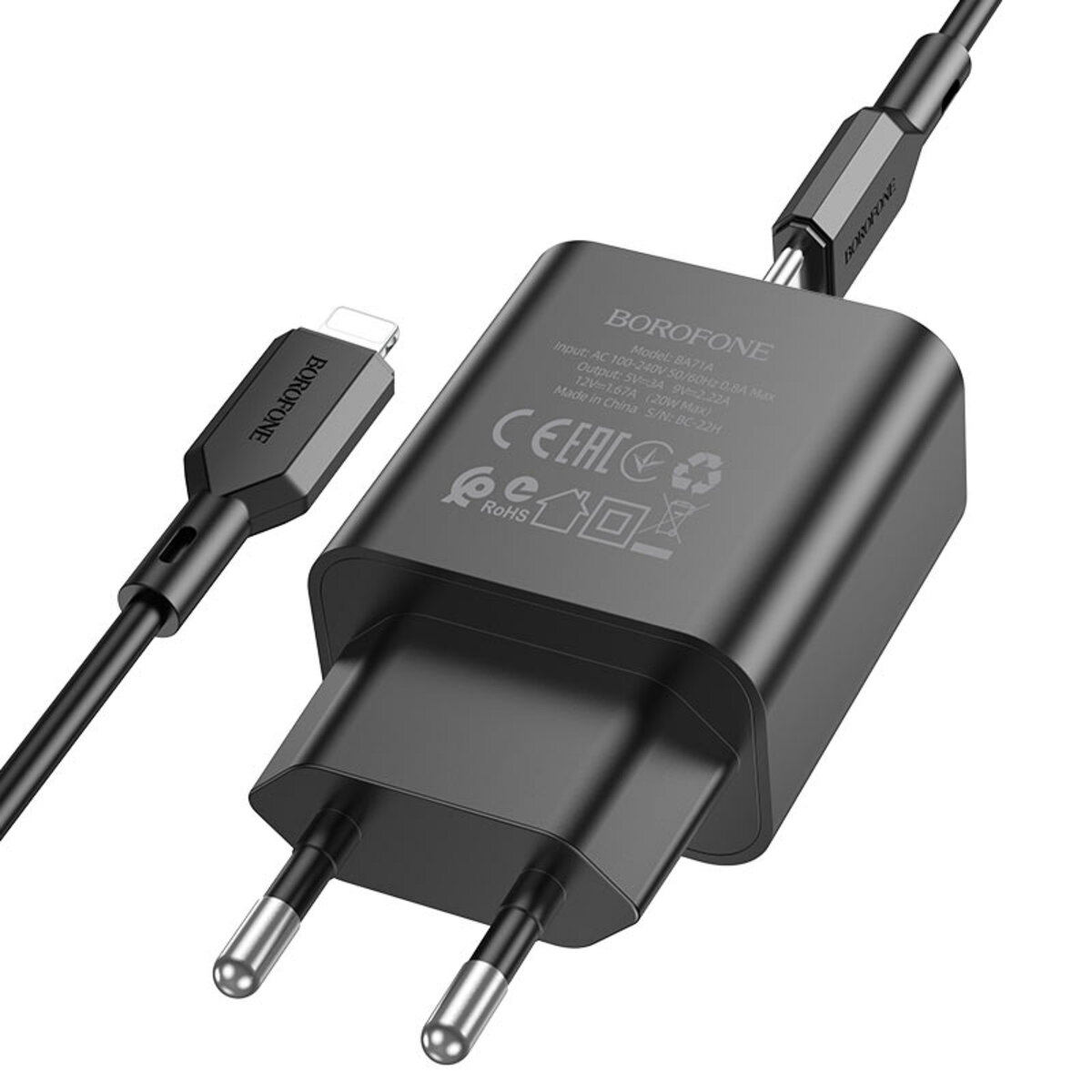 Мережевий зарядний пристрій BOROFONE BA71A Power single Port PD20W charger set(C to iP) Black Фотографія №2 Мережевий зарядний пристрій BOROFONE BA71A Power single Port PD20W charger set(C to iP) Black на малюнкі №2