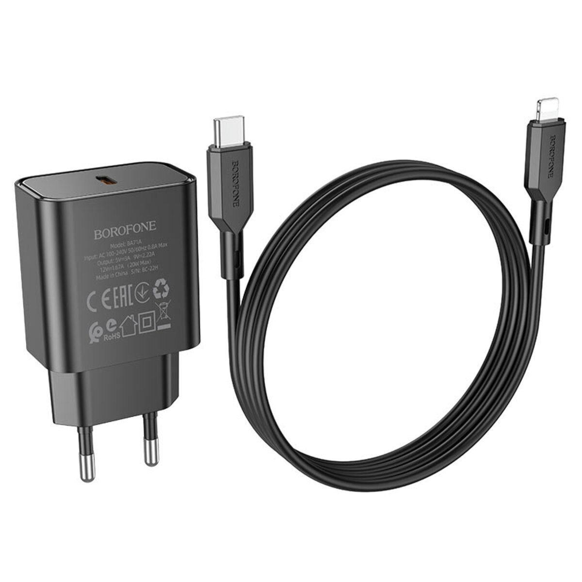 Мережевий зарядний пристрій BOROFONE BA71A Power single Port PD20W charger set(C to iP) Black Фотографія №3 Мережевий зарядний пристрій BOROFONE BA71A Power single Port PD20W charger set(C to iP) Black на малюнкі №3