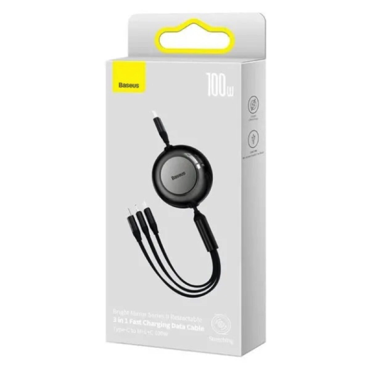 Кабель Baseus Bright Mirror 2 Series Retractable 3-in-1 Fast Charging  Data Cable Type-C to M+L+C 100W 1.1m Black (CAMJ010201) на картинке №2