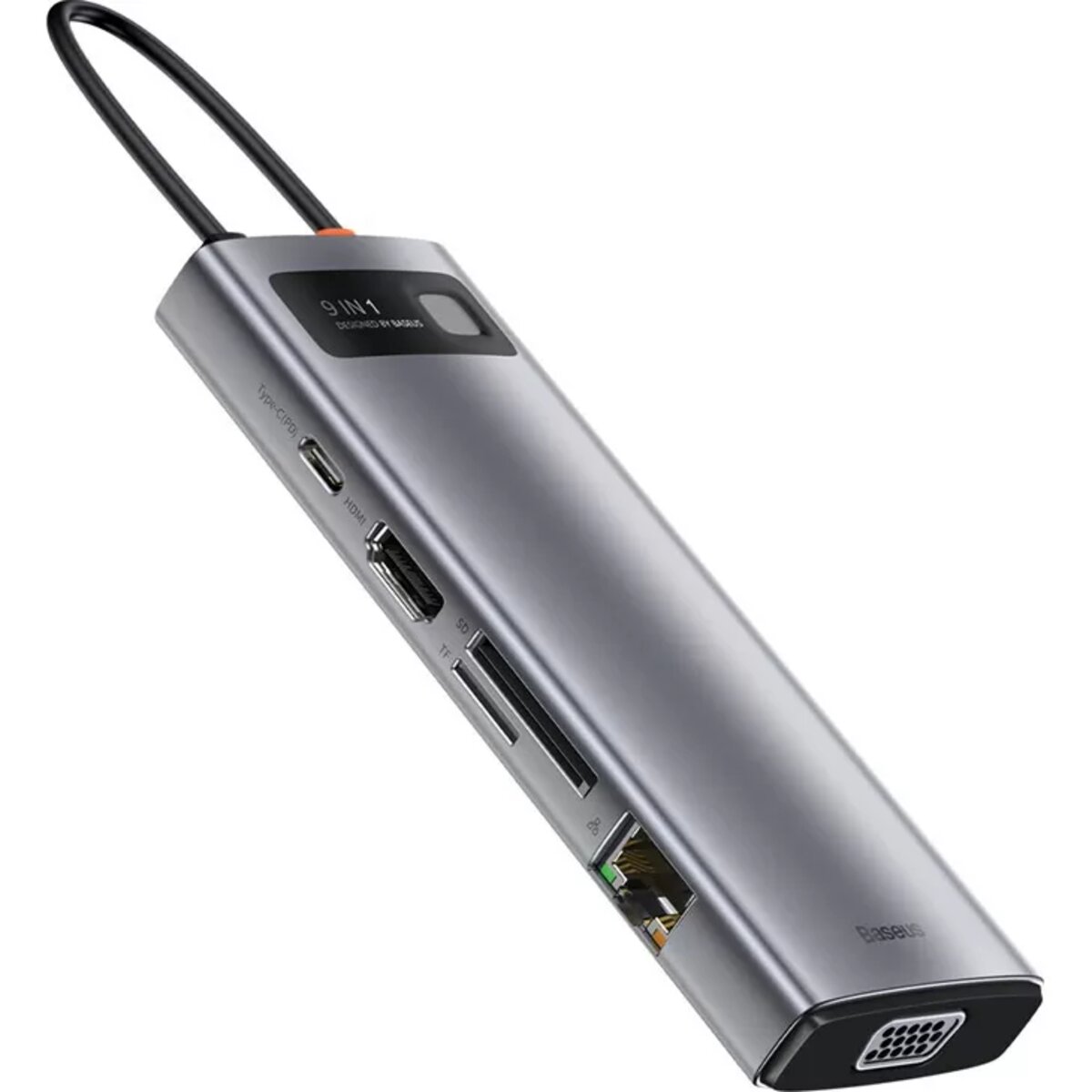 USB-хаб Baseus Metal Gleam Series 9-in-1 Multifunctional Type-C HUB Docking Station Space Gray(Type-C to HDMI*1+USB3.0*3+PD*1+RJ45*1+SD/TF*1+VGA*1) Фотографія №2 USB-хаб Baseus Metal Gleam Series 9-in-1 Multifunctional Type-C HUB Docking Station Space Gray(Type-C to HDMI*1+USB3.0*3+PD*1+RJ45*1+SD/TF*1+VGA*1) на малюнкі №2