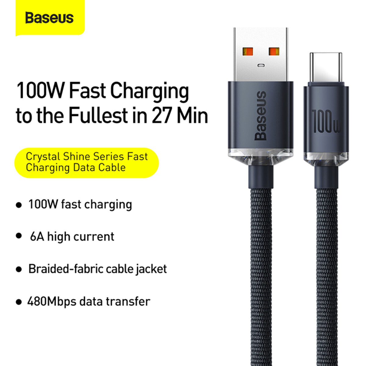 Кабель Baseus Crystal Shine Series Fast Charging Data Cable USB to Type-C 100W 2m Black на малюнкі №6
