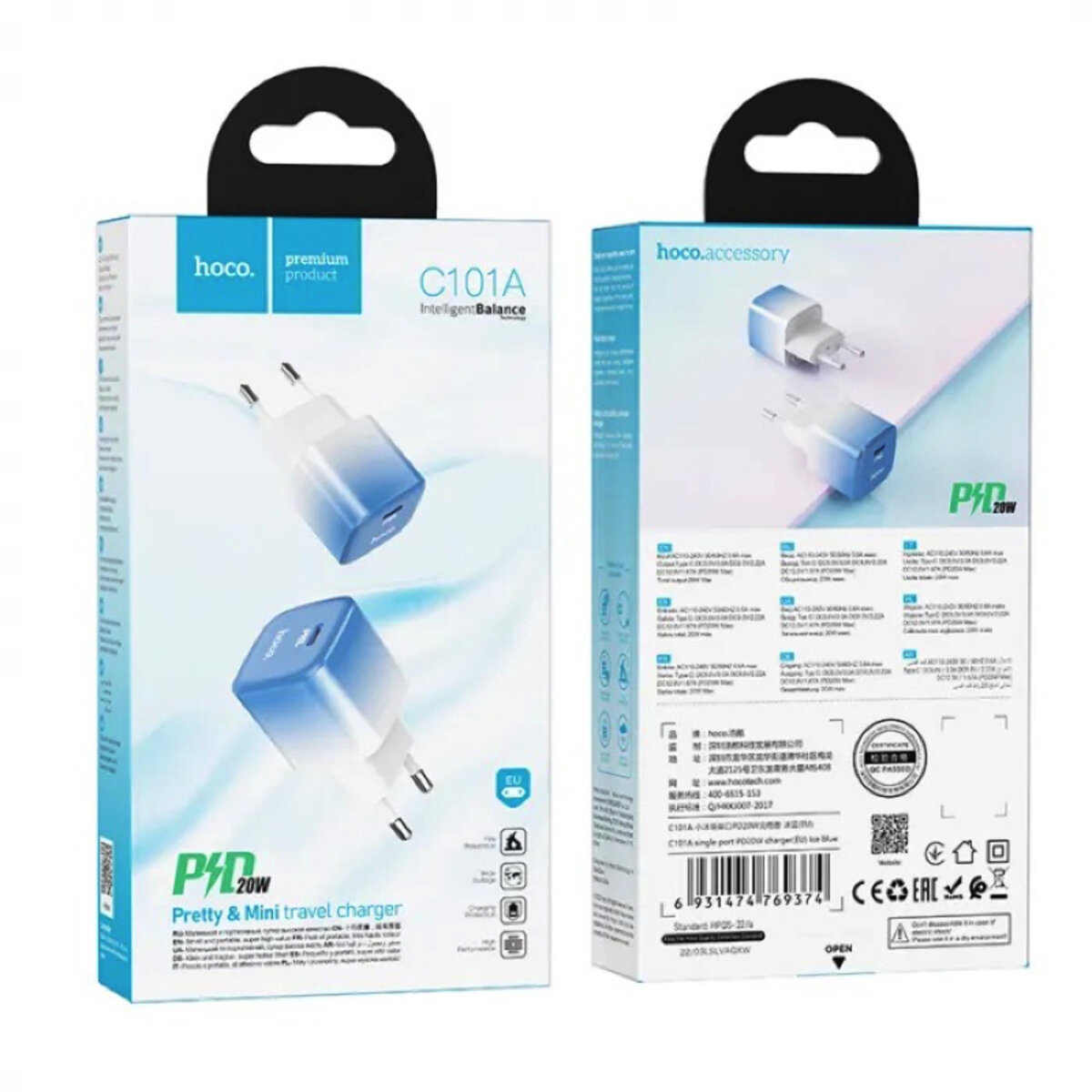 Мережевий зарядний пристрій HOCO C101A single port PD20W charger Ice Blue (6931474769374) на картинке №5