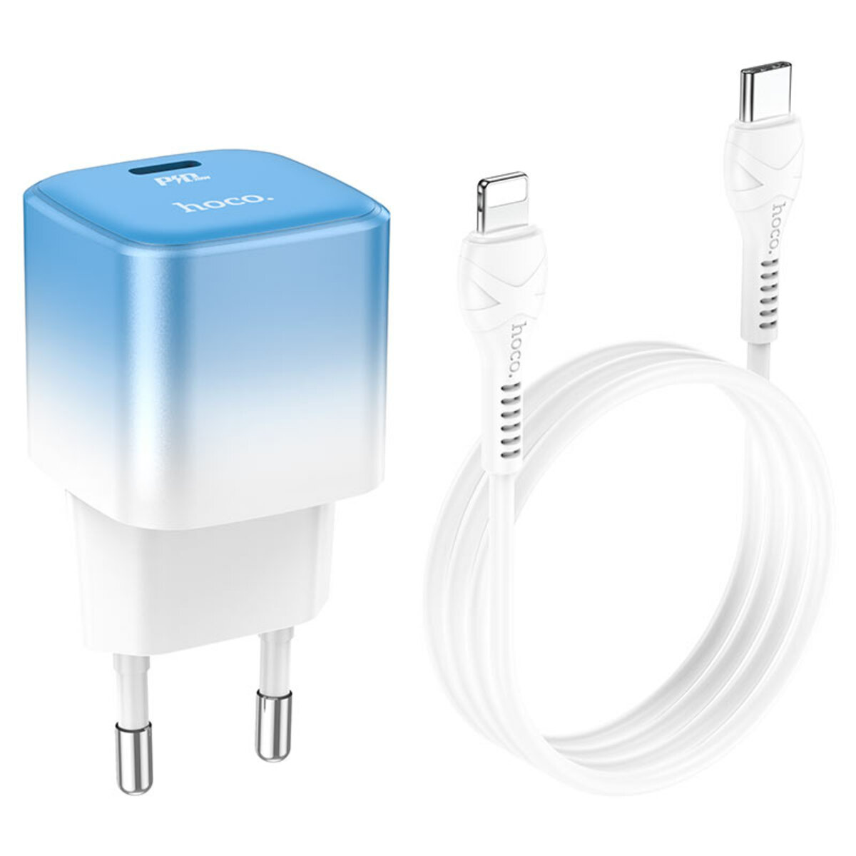 Мережевий зарядний пристрій HOCO C101A single port PD20W charger set(C to iP) Ice Blue на картинке №3