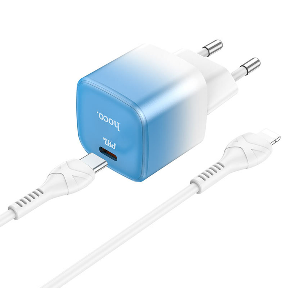 Мережевий зарядний пристрій HOCO C101A single port PD20W charger set(C to iP) Ice Blue на картинке №2