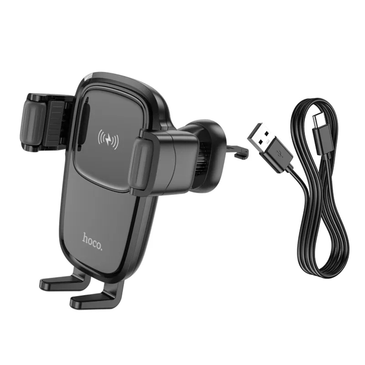 Тримач для мобiльного з БЗП HOCO HW1 Pro wireless fast charge car holder(air outlet) Black (6931474791603) на картинке №5