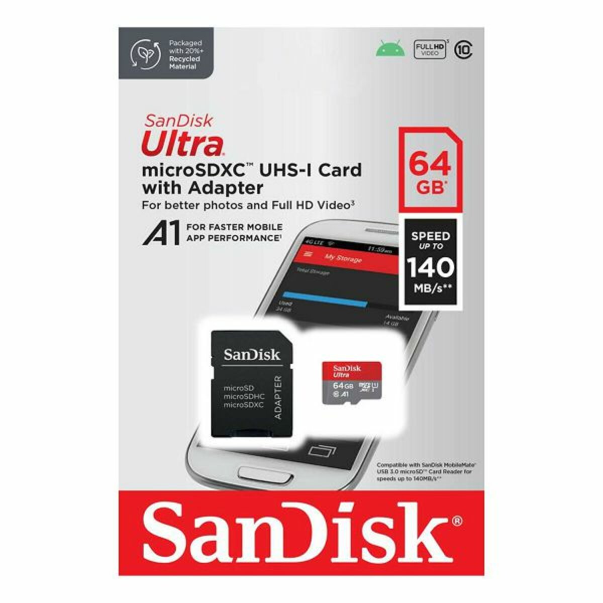 Карта памяті microSDXC (UHS-1) SanDisk Ultra 64Gb class 10 A1 (140Mb/s) (adapter SD) Фото 4 Карта памяті microSDXC (UHS-1) SanDisk Ultra 64Gb class 10 A1 (140Mb/s) (adapter SD) на картинке №4