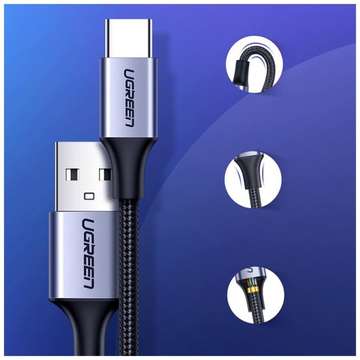 Кабель UGREEN US288 USB-A 2.0 to USB-C Cable Nickel Plating Aluminum Braid 1m (Black) (UGR-60126) на малюнкі №5