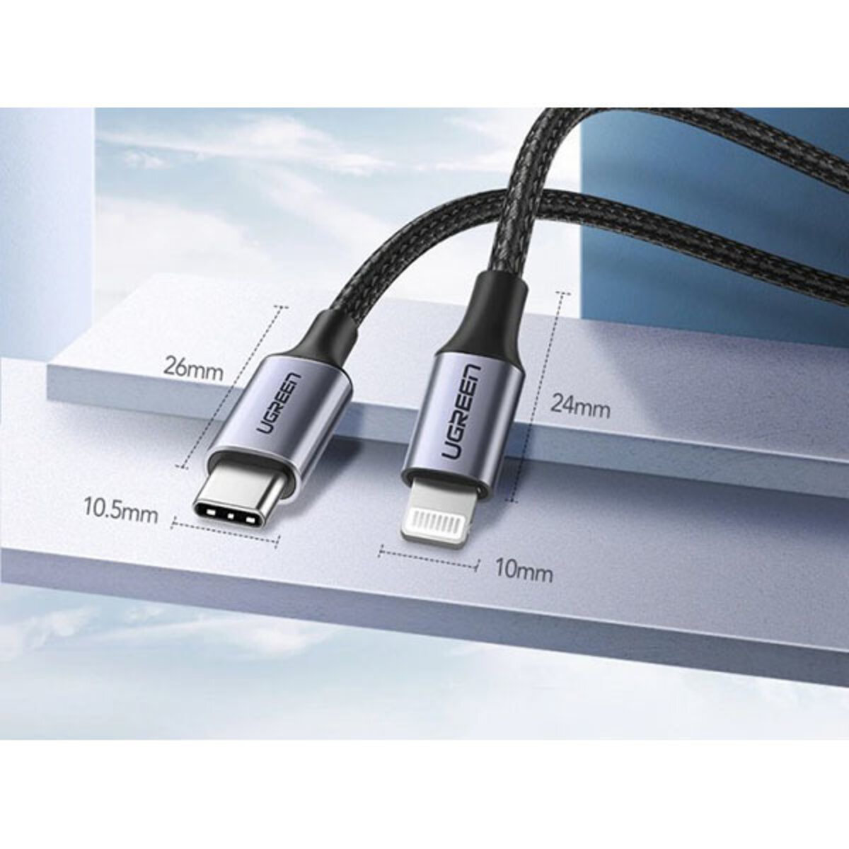 Кабель UGREEN US304 USB-C to Lightning M/M Cable Aluminum Shell Braided 2m (Black) (UGR-60761) Фотографія №4 Кабель UGREEN US304 USB-C to Lightning M/M Cable Aluminum Shell Braided 2m (Black) (UGR-60761) на малюнкі №4