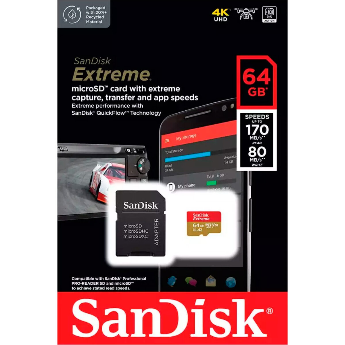microSDXC (UHS-1 U3) SanDisk Extreme For Action Cams and Drones A2 64Gb class 10 V30 (R170MB/s,W80MB/s) (adapter) (SDSQXAH-064G-GN6AA) Фотография №4 microSDXC (UHS-1 U3) SanDisk Extreme For Action Cams and Drones A2 64Gb class 10 V30 (R170MB/s,W80MB/s) (adapter) (SDSQXAH-064G-GN6AA) смотреть фото №4