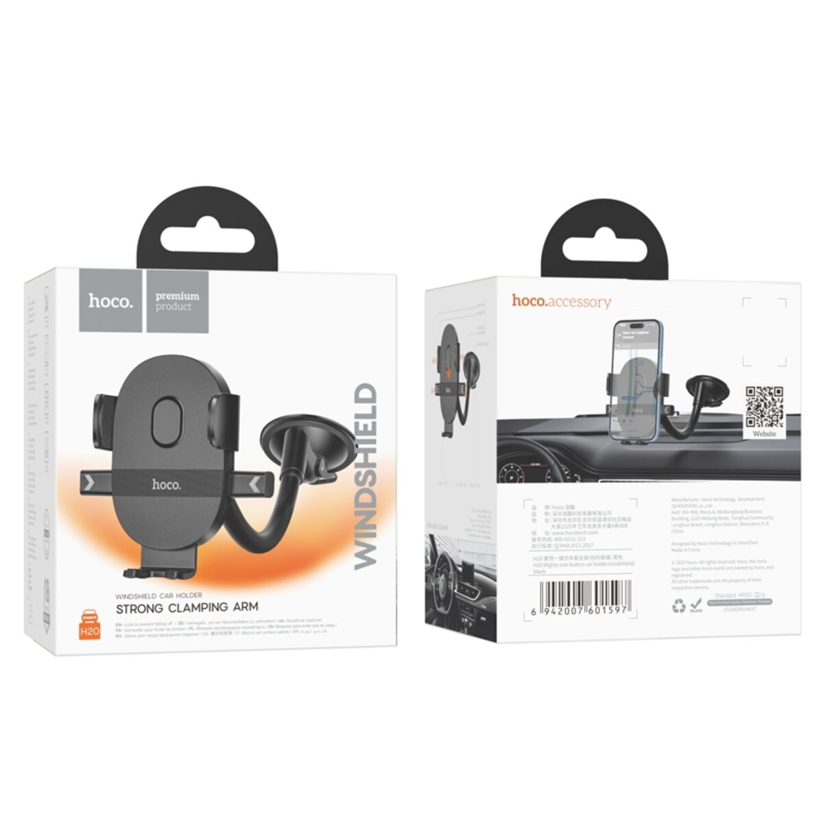 Тримач для мобільного HOCO H20 Mighty one-button car holder(windshield) Black (6942007601597) смотреть фото №7