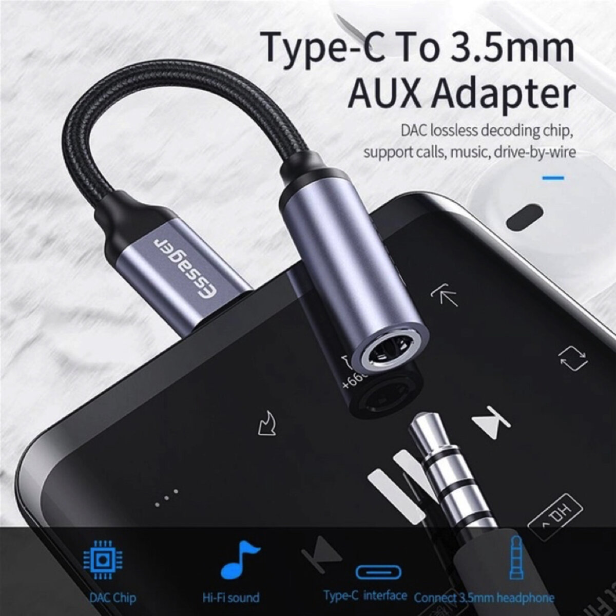 Кабель-перехiдник Essager E01 Type c to 3.5mm Jack Headphone Adapter grey (EZJE01-0G) Фотографія №2 Кабель-перехiдник Essager E01 Type c to 3.5mm Jack Headphone Adapter grey (EZJE01-0G) на малюнкі №2