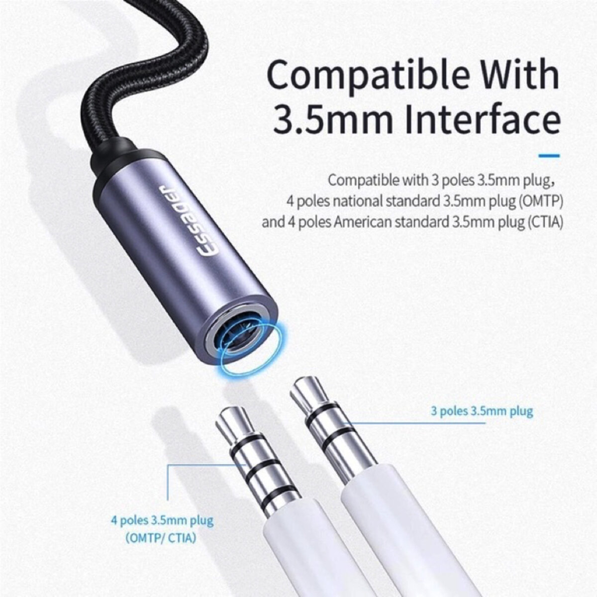 Кабель-перехiдник Essager E01 Type c to 3.5mm Jack Headphone Adapter grey (EZJE01-0G) Фотографія №4 Кабель-перехiдник Essager E01 Type c to 3.5mm Jack Headphone Adapter grey (EZJE01-0G) на малюнкі №4