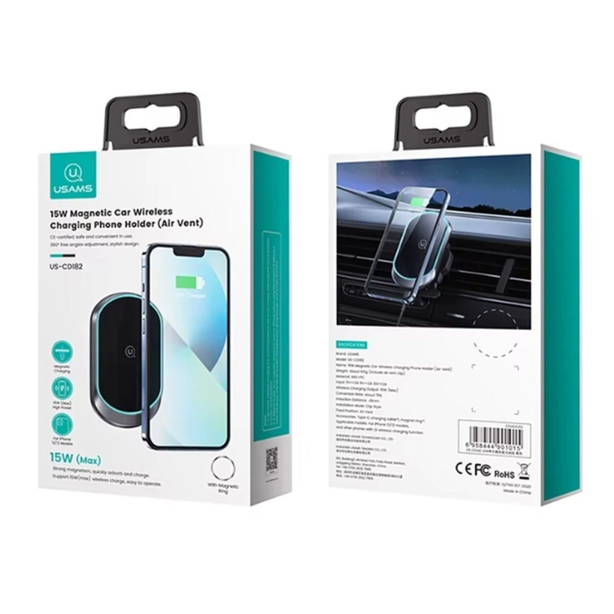 Автотримач для телефона Usams US-CD170 Magnetic Car Wireless Charging Phone Holder (Air Vent) 15W (With Magnetic Ring) Grey (CD170DZ01) на картинке №1