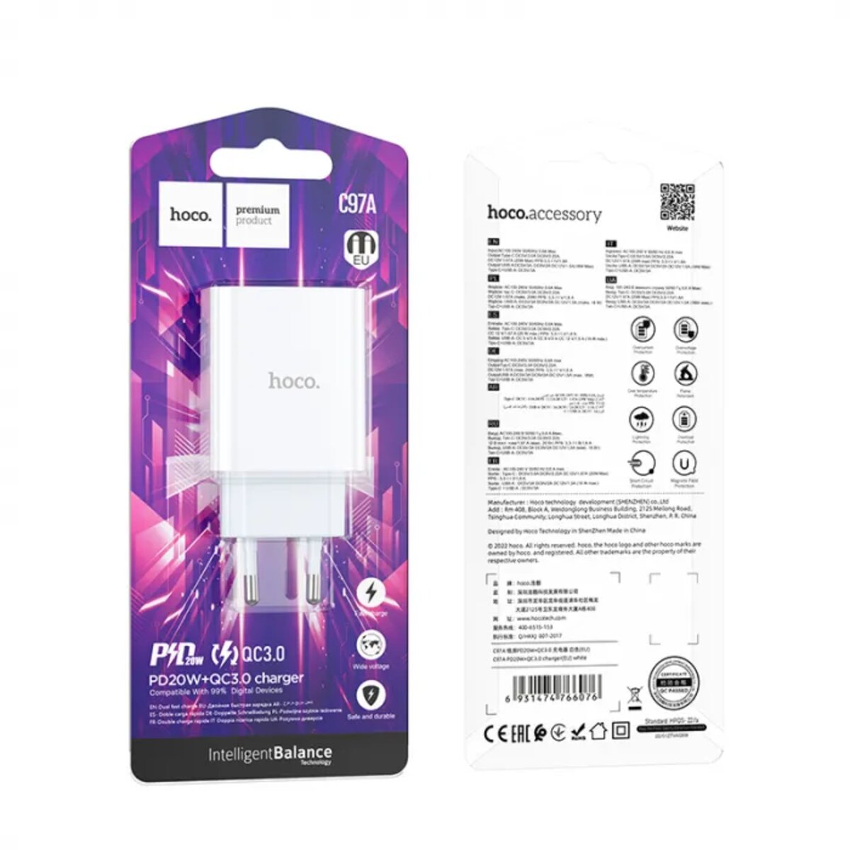 Мережевий зарядний пристрій HOCO C97A PD20W+QC3.0 charger White Фотографія №5 Мережевий зарядний пристрій HOCO C97A PD20W+QC3.0 charger White на малюнкі №5