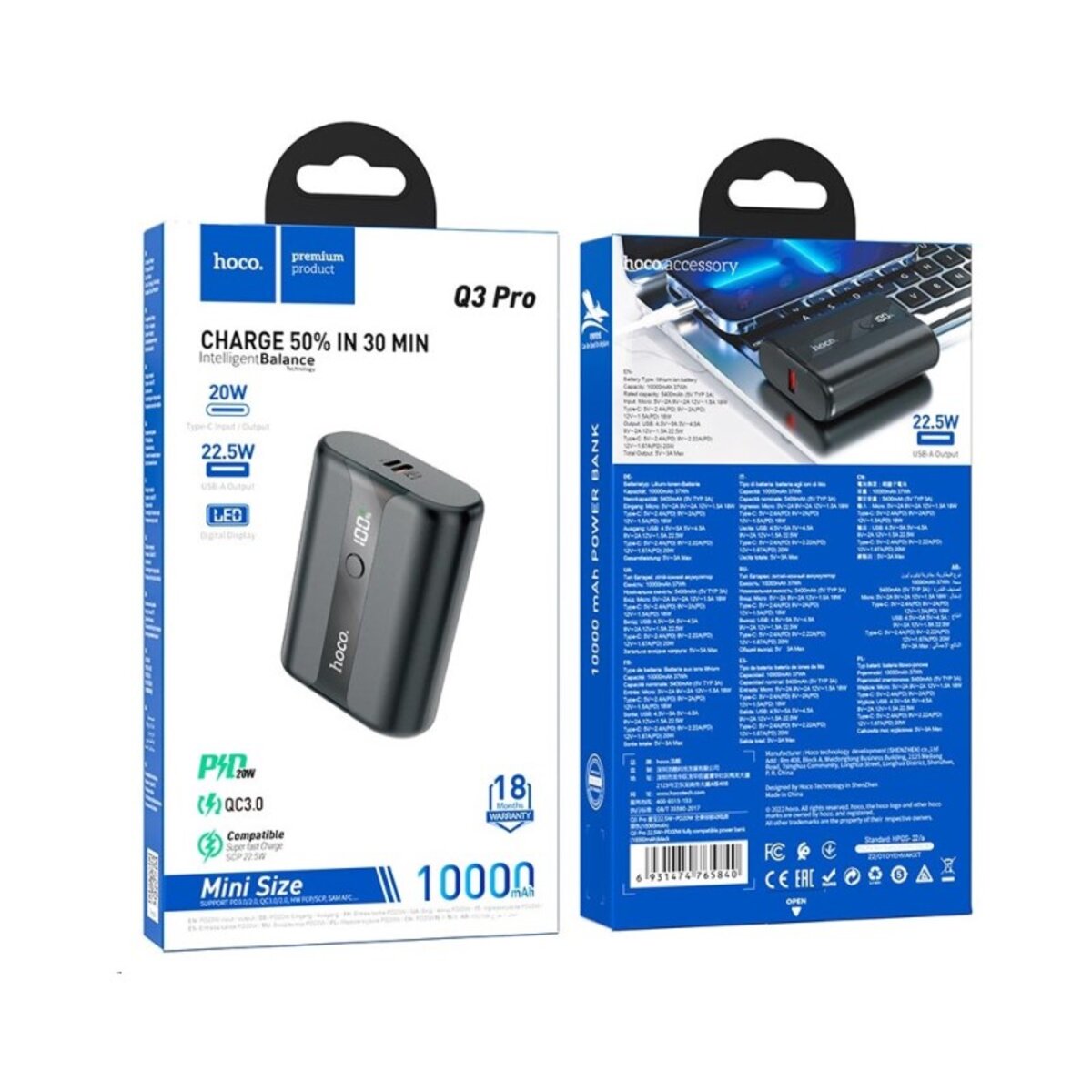 Зовнішній акумулятор HOCO Q3 Pro 22.5W+PD20W fully compatible power bank(10000mAh) Black на картинке №8